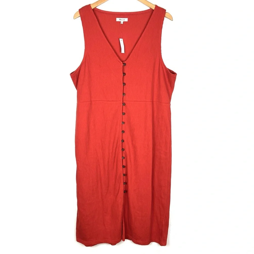 Madewell Rust Button-Front Ribbed Midi Dress - Picture 2 of 6